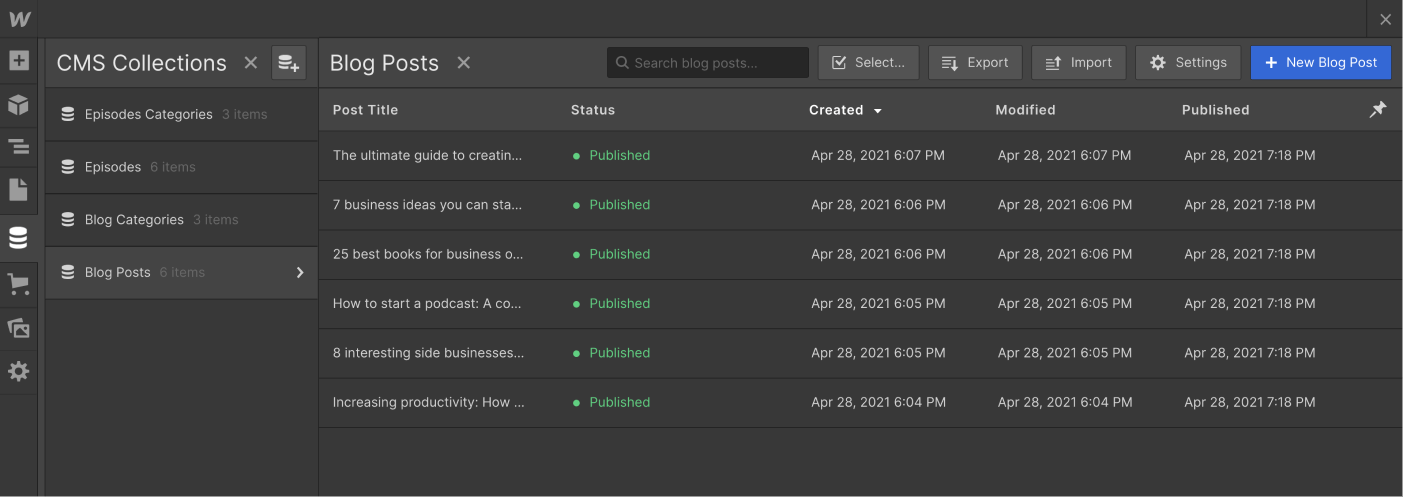 CMS Collection - Podcast X Webflow Template