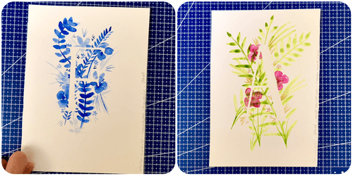 Two watercolor monogram drawing. One is the letter A and the other the letter F. The lettre is decorated with flower and greenery. The F is a monochrome in ultramarine color. The A colors are green and pink.