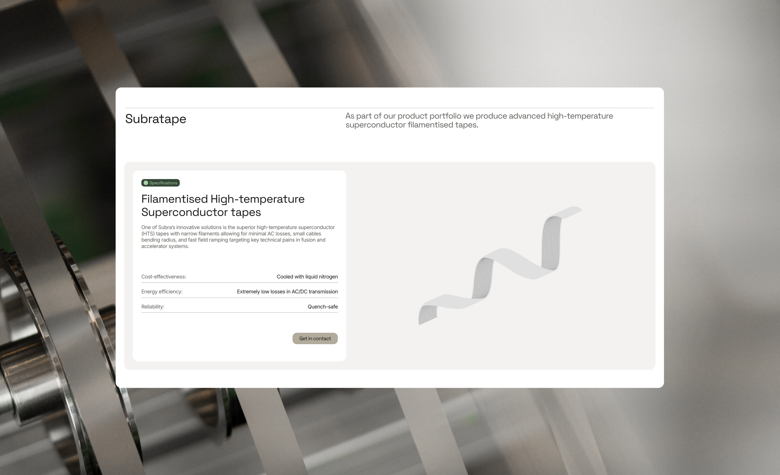 Webpage section titled Subratape featuring filamentised high-temperature superconductor tapes with text details and a ribbon-like tape illustration.