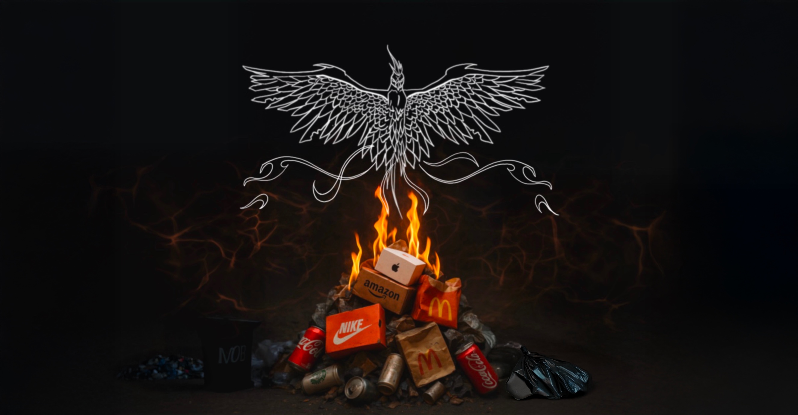 Phoenix rising out of fire of branded boxes