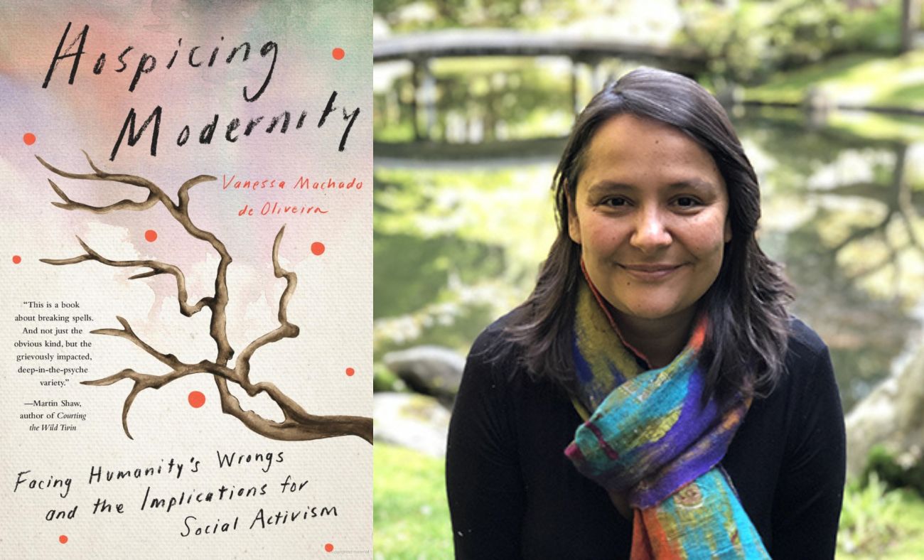 Vanessa Oliveira de Machado with smiling next to a cover of her book, Hospicing Modernity