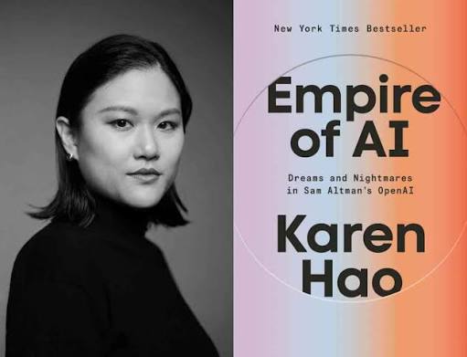 Karen Hao with a neutral expression next to a cover of her book, Empire of AI