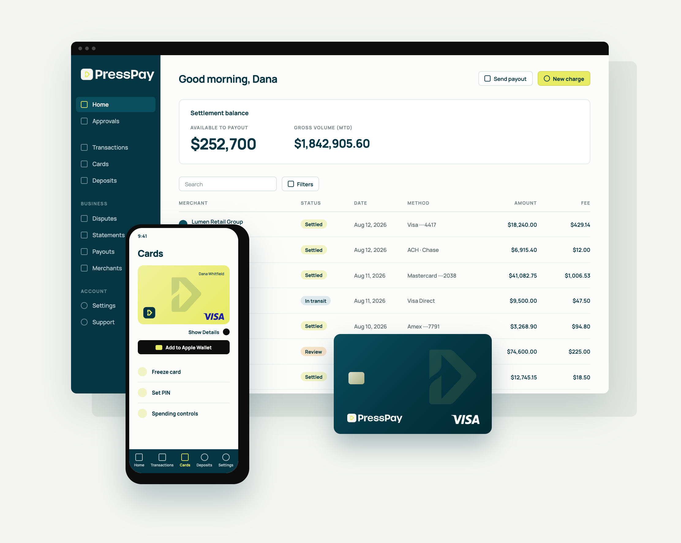 PressPay United platform — settlement dashboard, mobile card controls, and a corporate Visa card