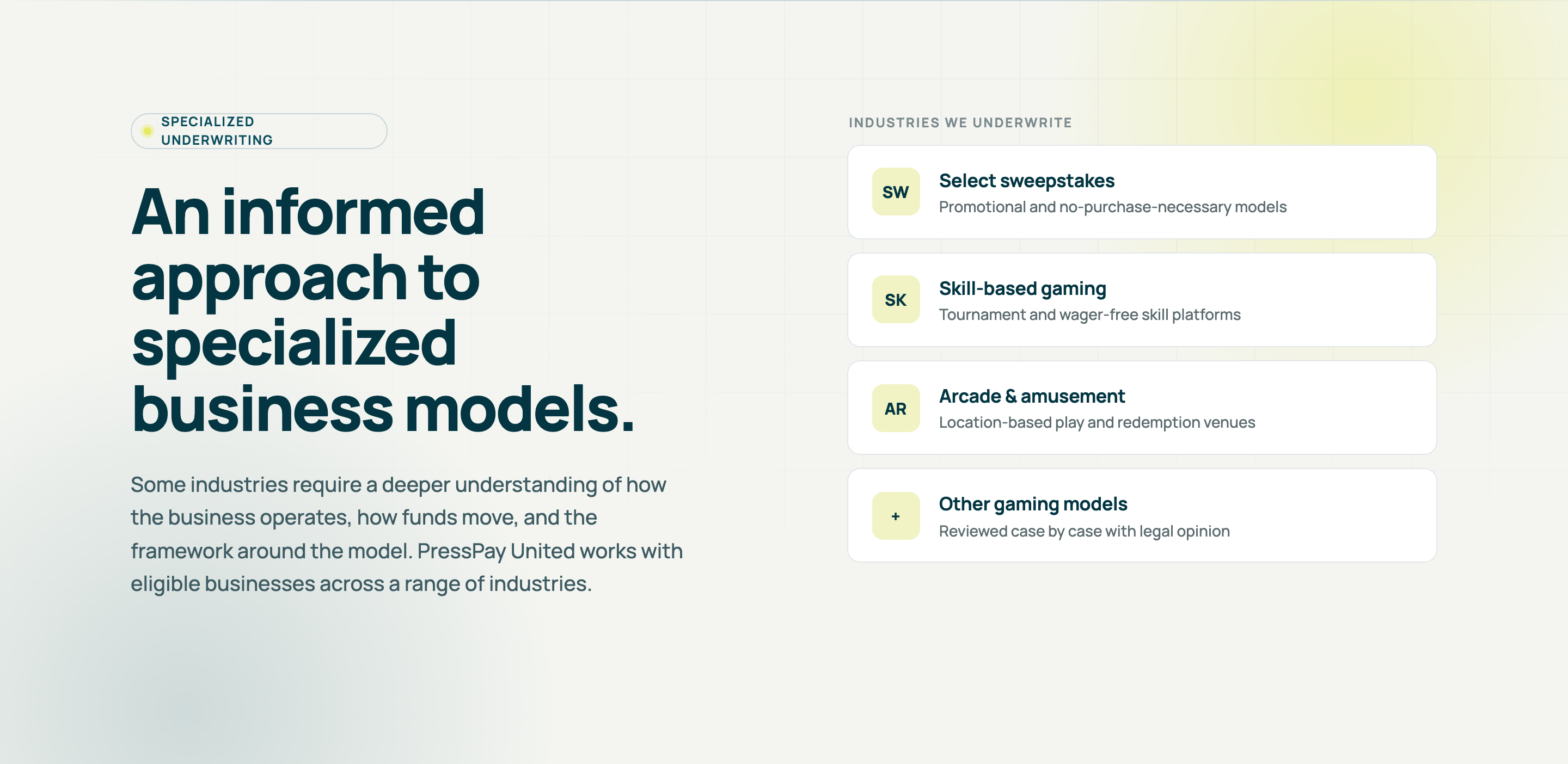 Specialized underwriting — PressPay United supports eligible businesses across select sweepstakes, skill-based gaming, arcade & amusement, and other gaming models, each reviewed individually with a legal opinion where required.