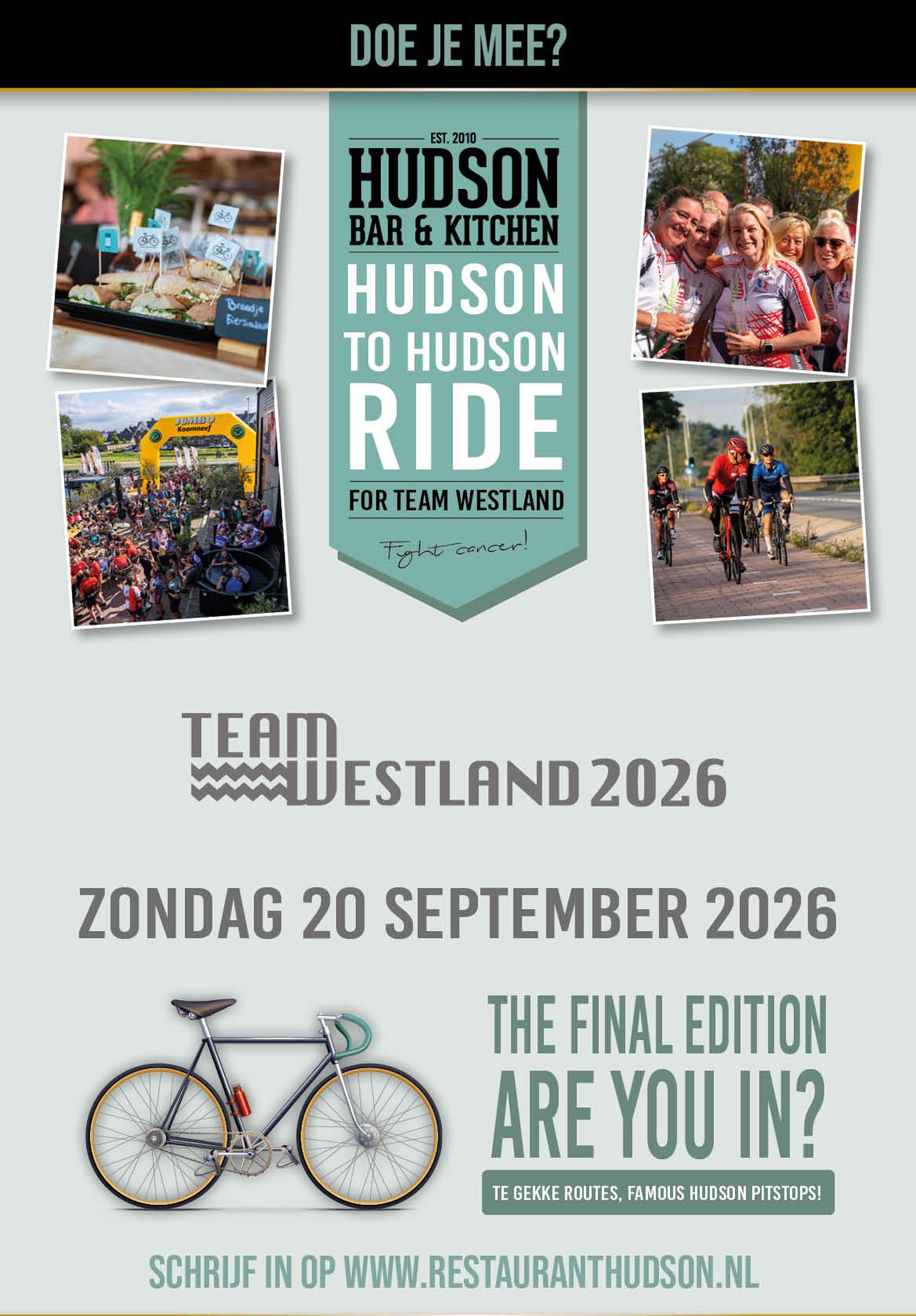 Overzicht van Hudson to Hudson Ride voor Team Westland met opgehaald bedrag van €11.560 en foto's van deelnemers, eten en fietsers.
