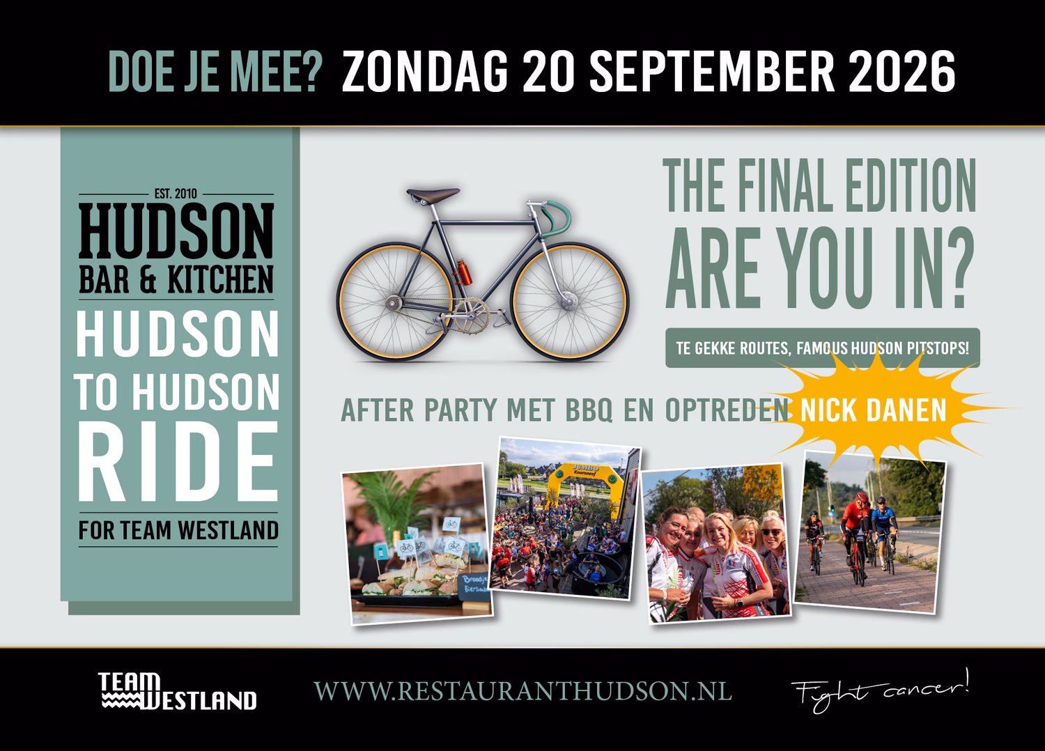 Overzicht van Hudson to Hudson Ride voor Team Westland met opgehaald bedrag van €11.560 en foto's van deelnemers, eten en fietsers.