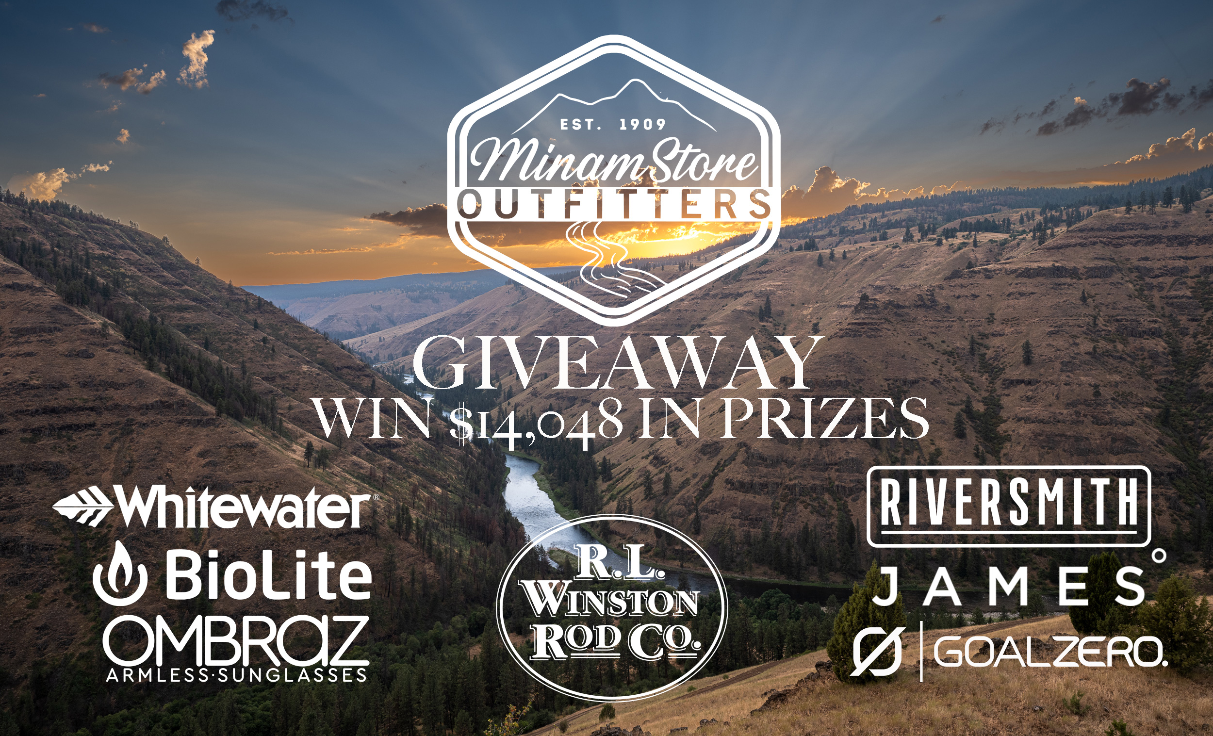 Minam Store Float Trip Giveaway cover photo: Wallowa Canyon and logos.