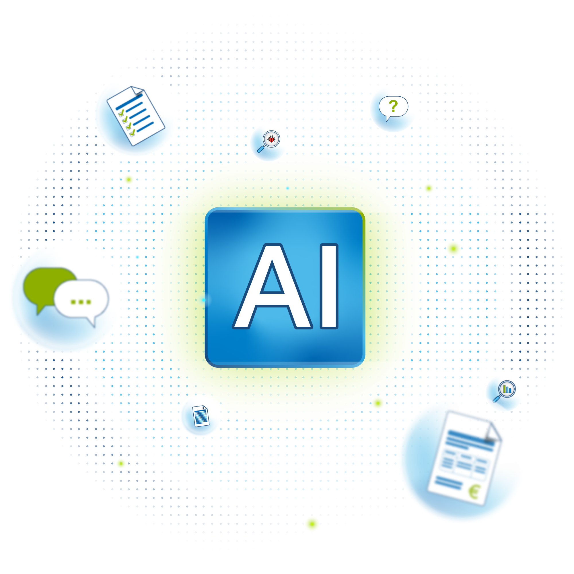 Blue square with white letters 'KI' in the center, surrounded by icons of chat bubbles, checklists, bug magnifier, question mark, and financial documents on a dotted background.