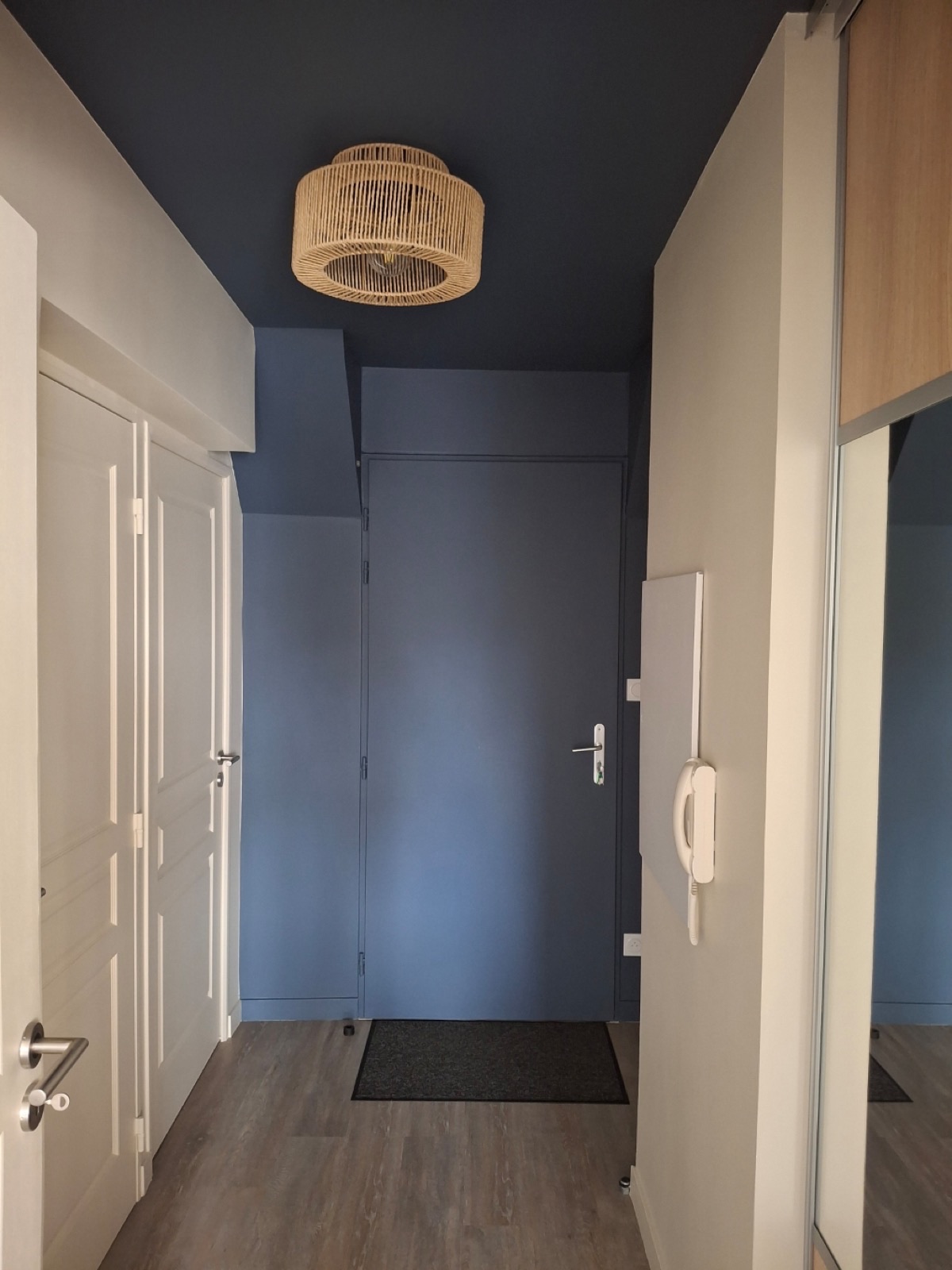 Couloir d'entrée aux murs peints en bleu-gris foncé et plafond bleu soutenu
