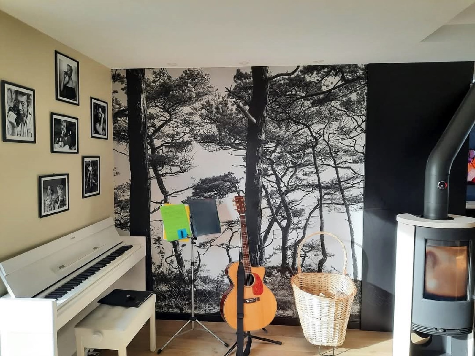 Papier peint panoramique de pins noir et blanc près d'un piano et d'un poêle