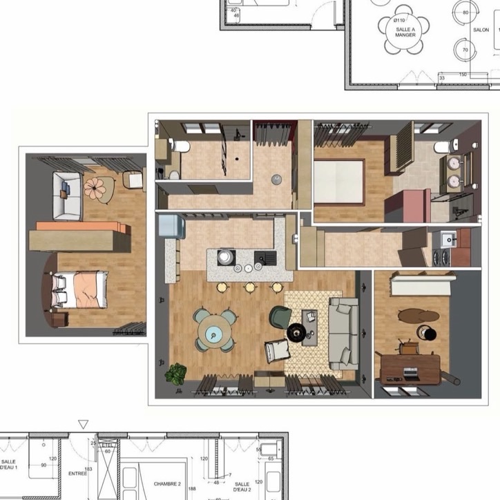 Plan d'aménagement intérieur 3D vu de dessus avec mobilier, entouré de plans techniques cotés
