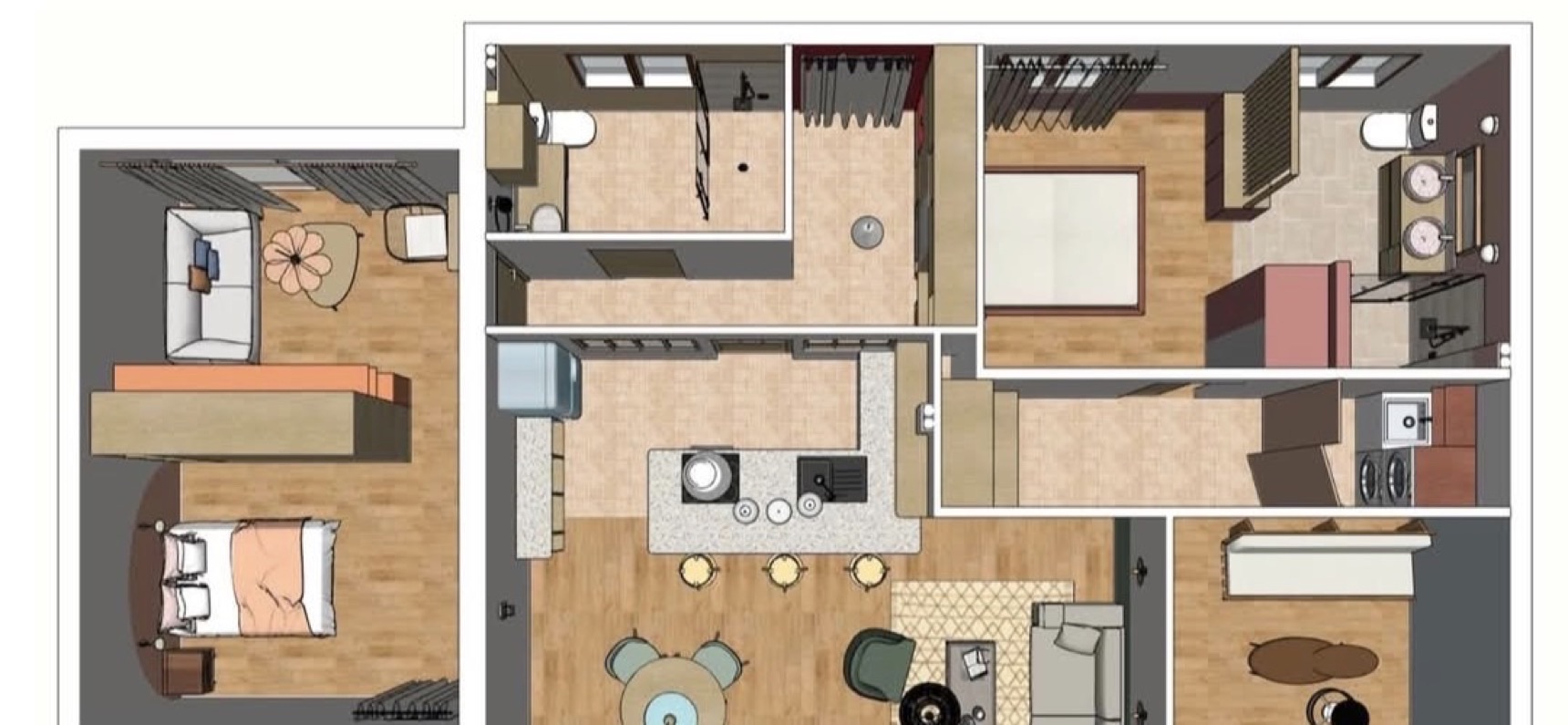 Plan d'aménagement intérieur 3D vu de dessus avec mobilier, entouré de plans techniques cotés