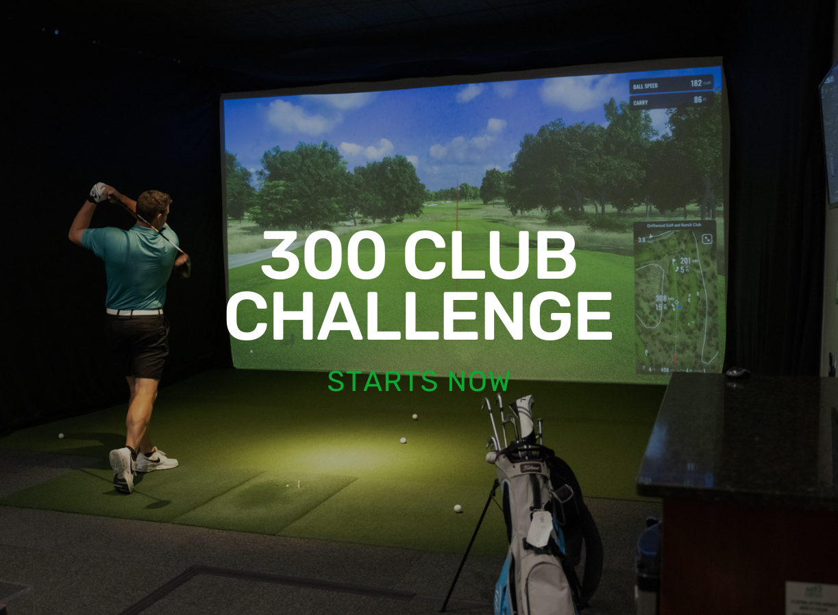 Golfer swinging inside an indoor golf simulator during the GolfCave 300 Club Challenge. Text on screen says ‘300 Club Challenge – Starts Now.’ Perfect for golfers looking for an indoor golf challenge to test their driving distance.