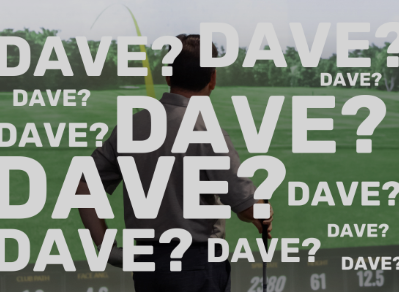 Two men playing golf at the GolfCave. One man is over the ball about to hit while the other watches