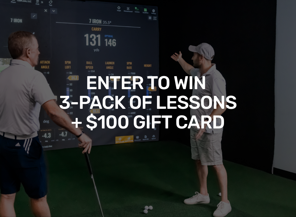 Golf instructor and student analyzing swing data on screen with text overlay: Enter to win 3-pack of lessons + $100 gift card