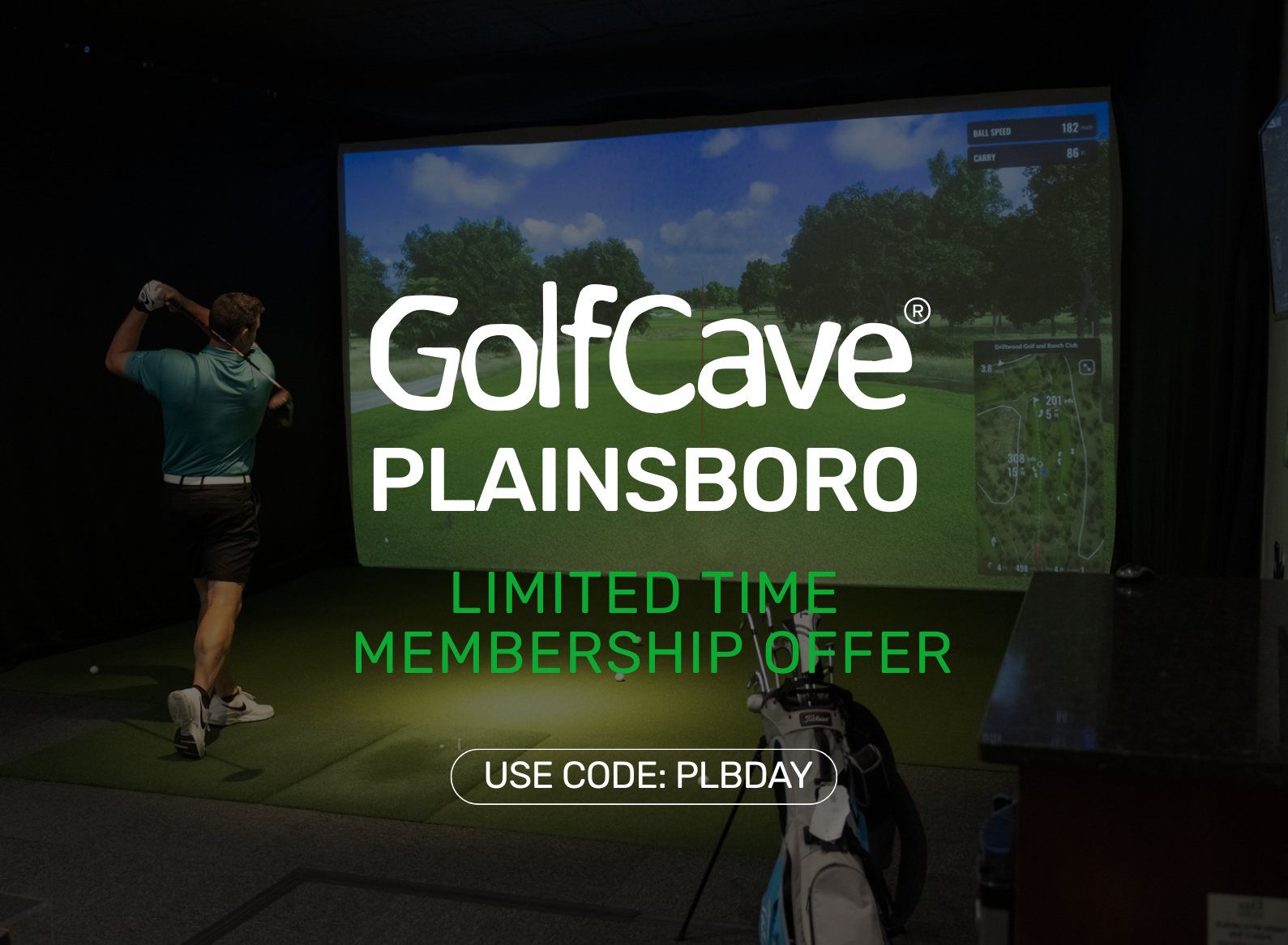 Two men playing golf at the GolfCave. One man is over the ball about to hit while the other watches