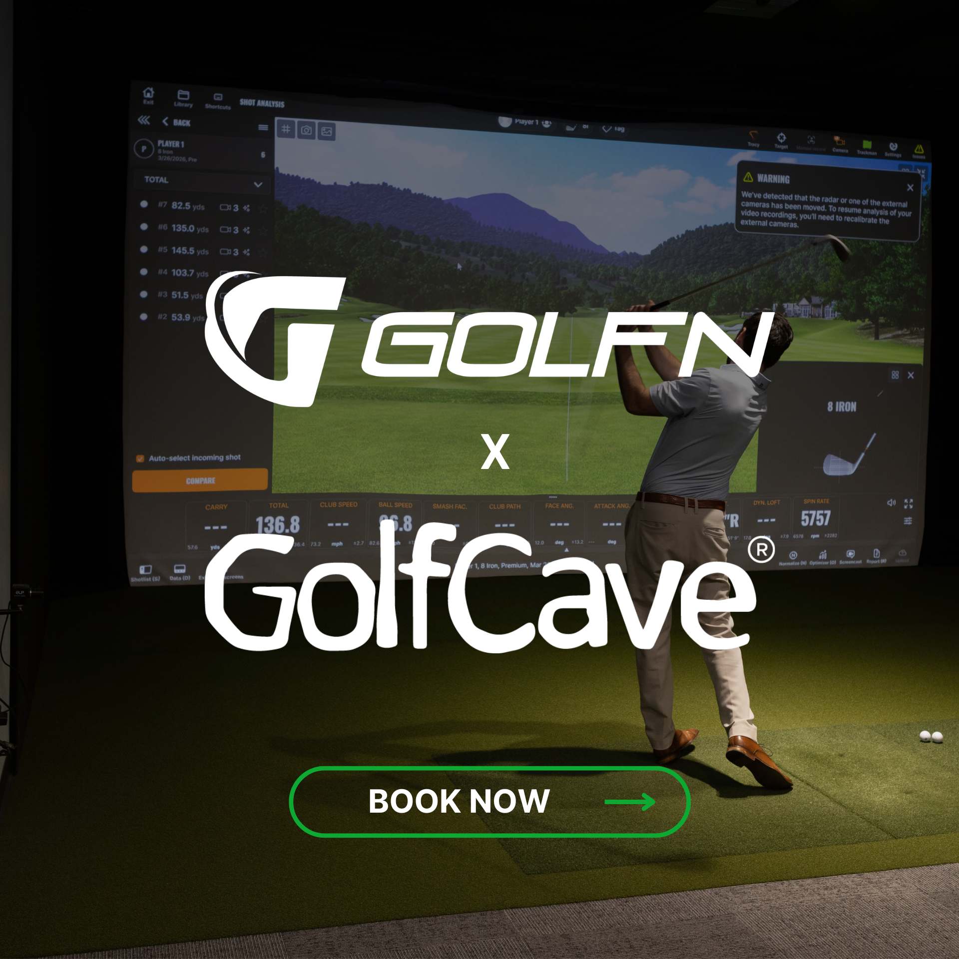 Two men playing golf at the GolfCave. One man is over the ball about to hit while the other watches