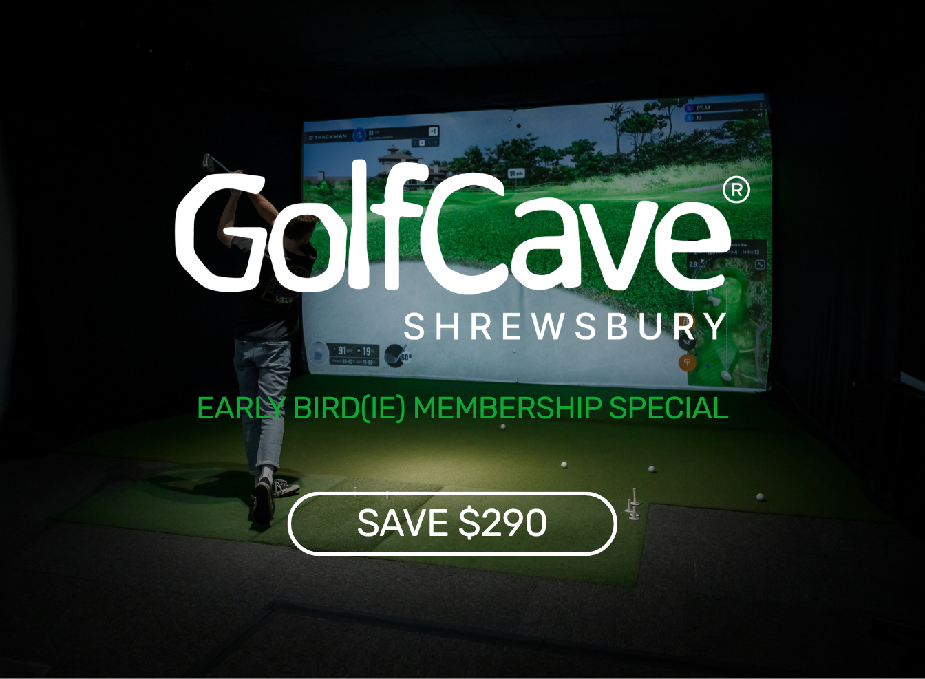 Two men playing golf at the GolfCave. One man is over the ball about to hit while the other watches