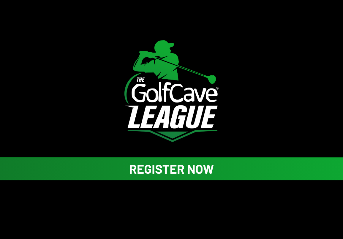 Two men playing golf at the GolfCave. One man is over the ball about to hit while the other watches