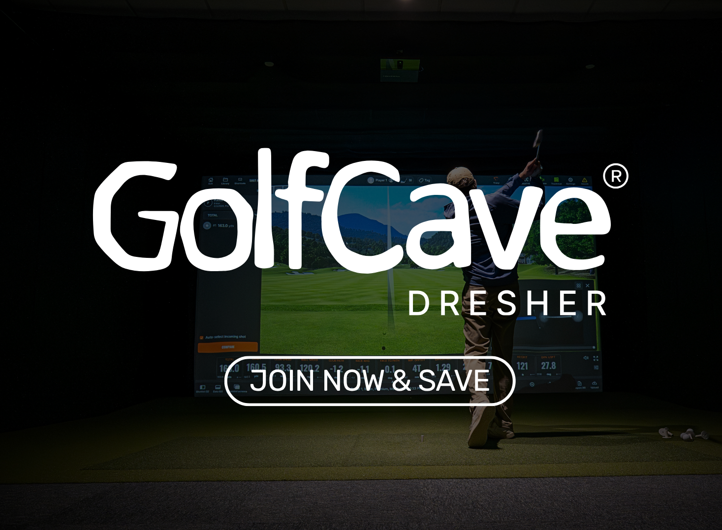 Two men playing golf at the GolfCave. One man is over the ball about to hit while the other watches