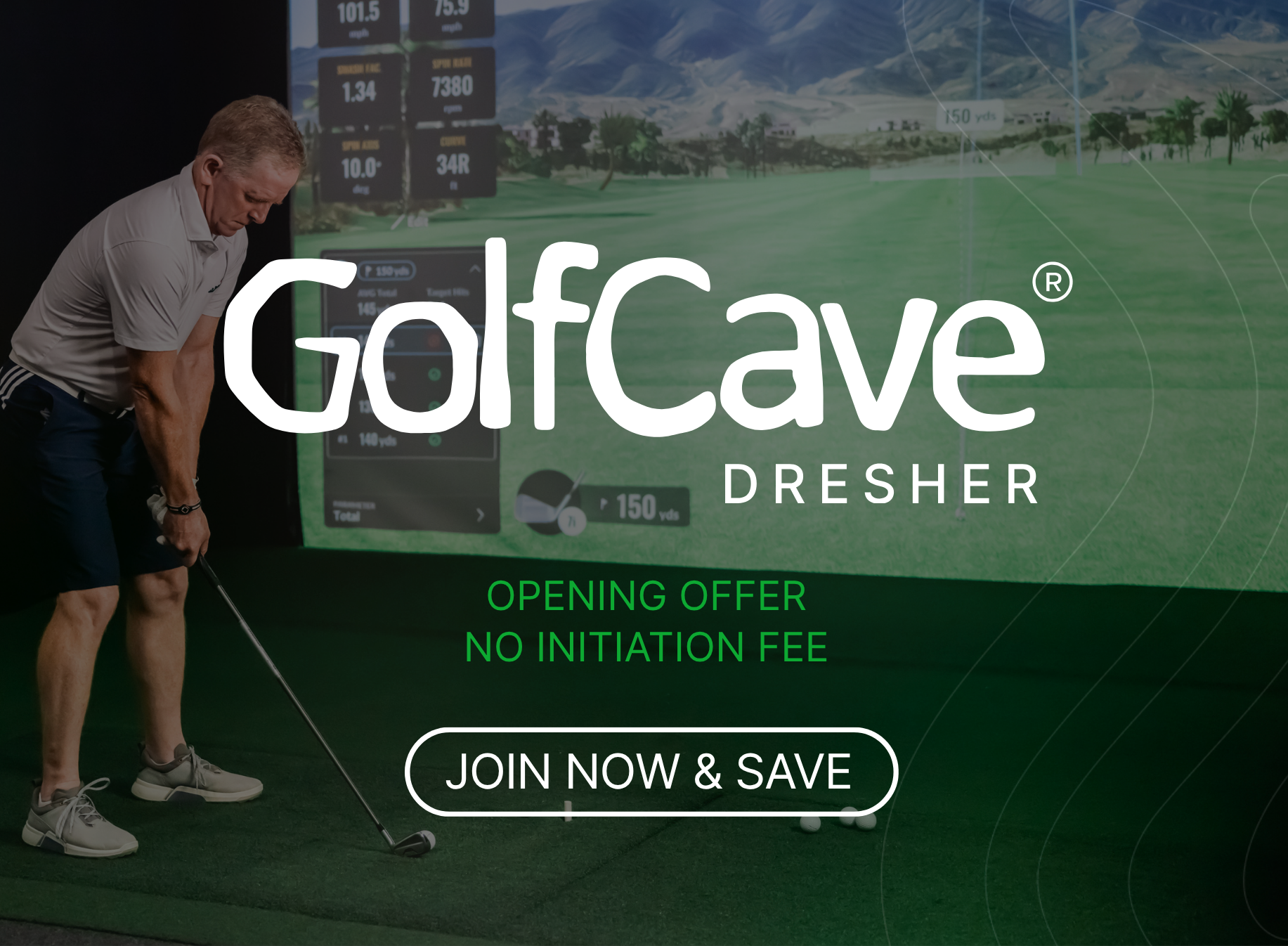 Two men playing golf at the GolfCave. One man is over the ball about to hit while the other watches