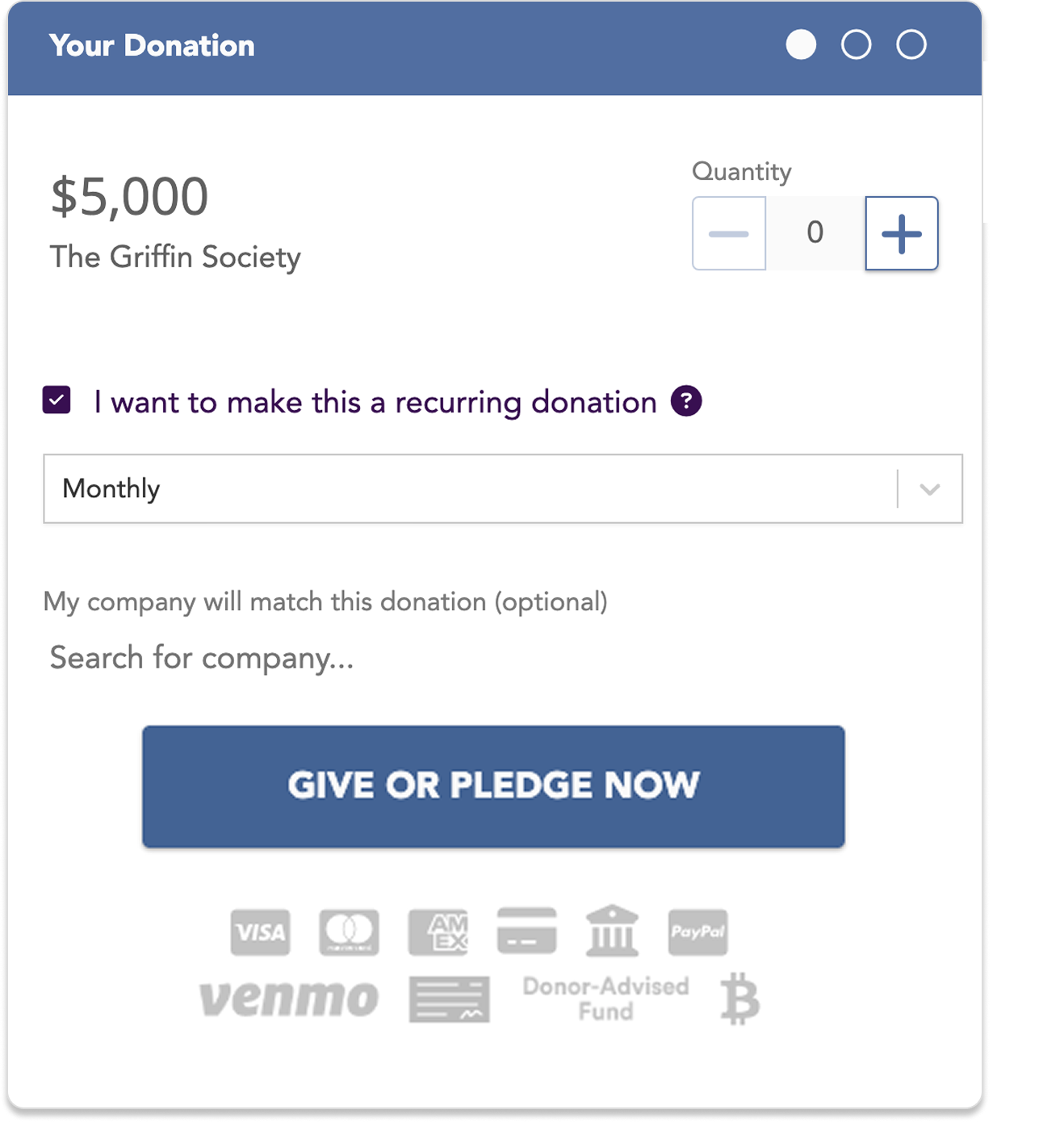 Boost donation form accepting recurring gifts, matching gifts, and modern payment methods