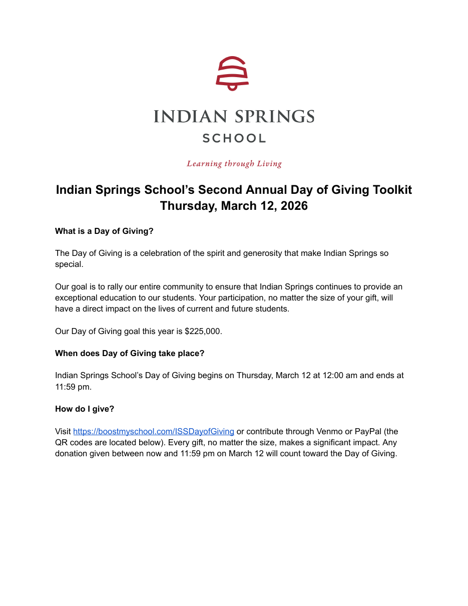 First page of the Indian Springs Day of Giving toolkit