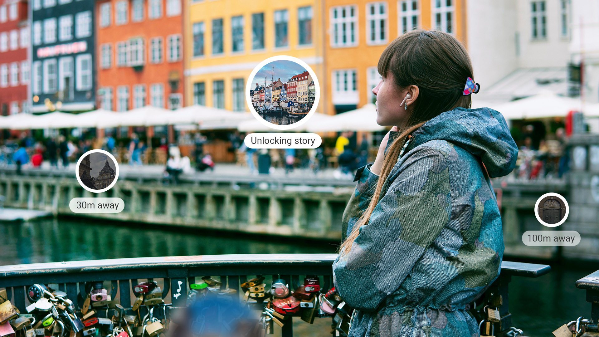 Ein Reisender hört StoryHunt am Nyhavn, ergänzt durch illustrierte Geschichten