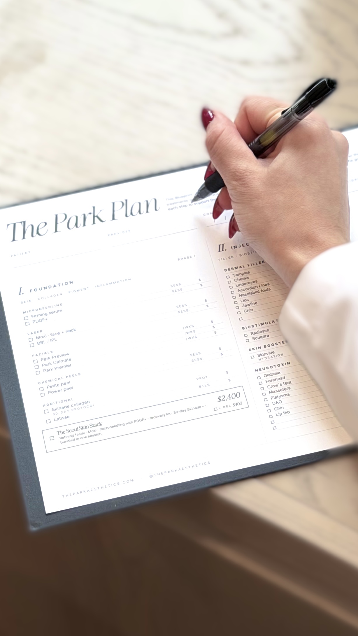 Page two of the Park Personal Blueprint &mdash; neurotoxin, filler and biostimulator recommendations with pricing
