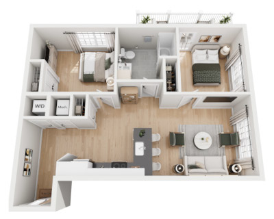 Two bedroom one bath floor plan at Founders Square