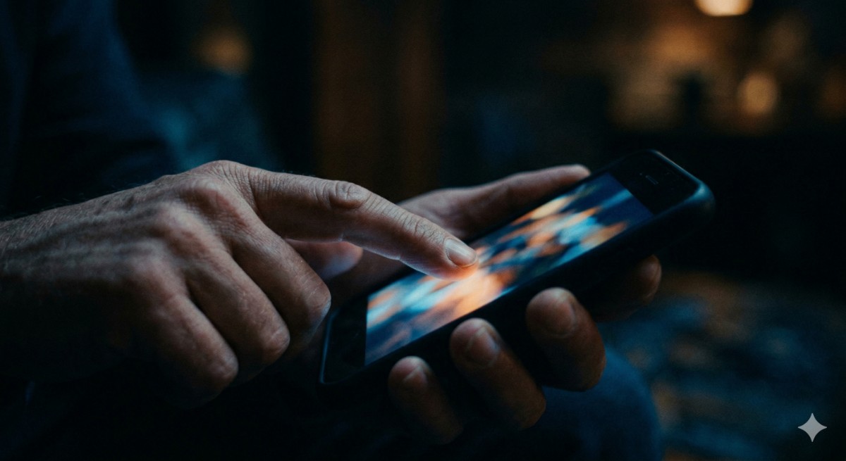 Close-up of a person using a smartphone with blurred colorful lights on the screen in a dim setting.