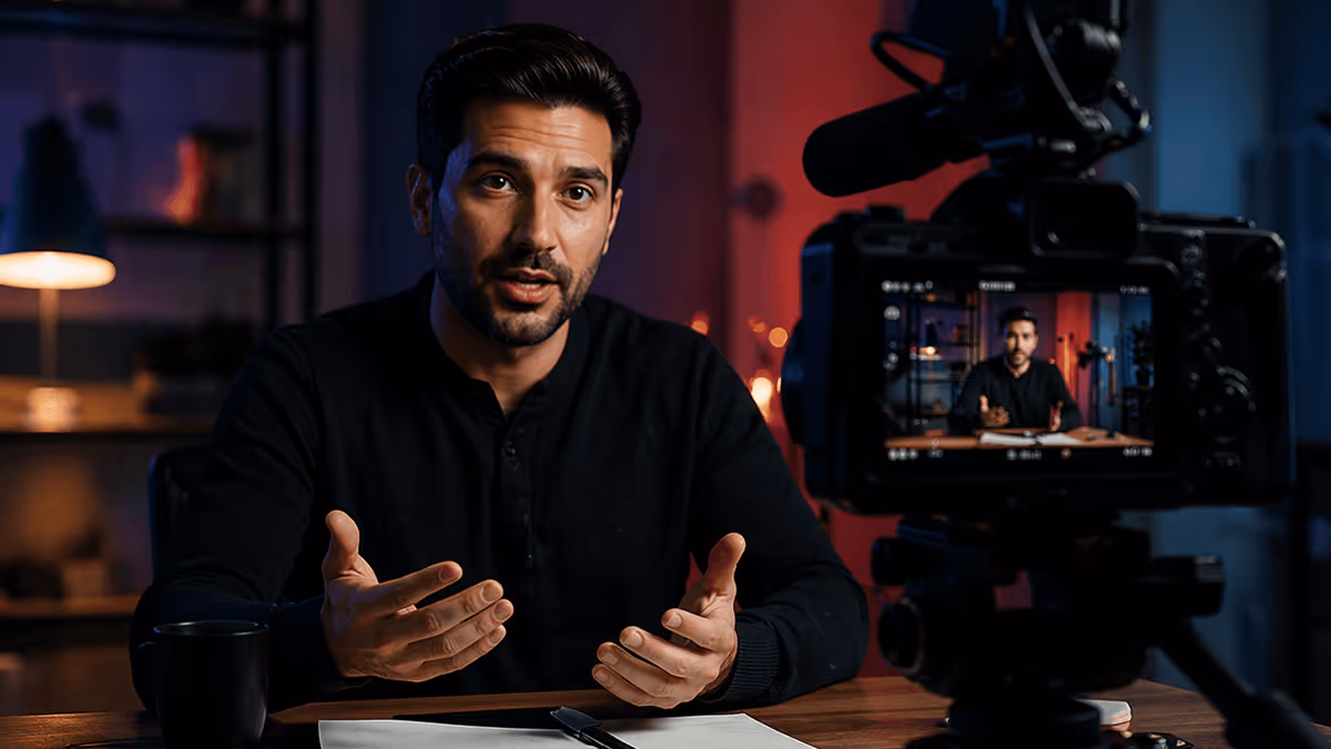 Man in a black shirt sitting at a desk speaking in front of a camera during a video recording session.