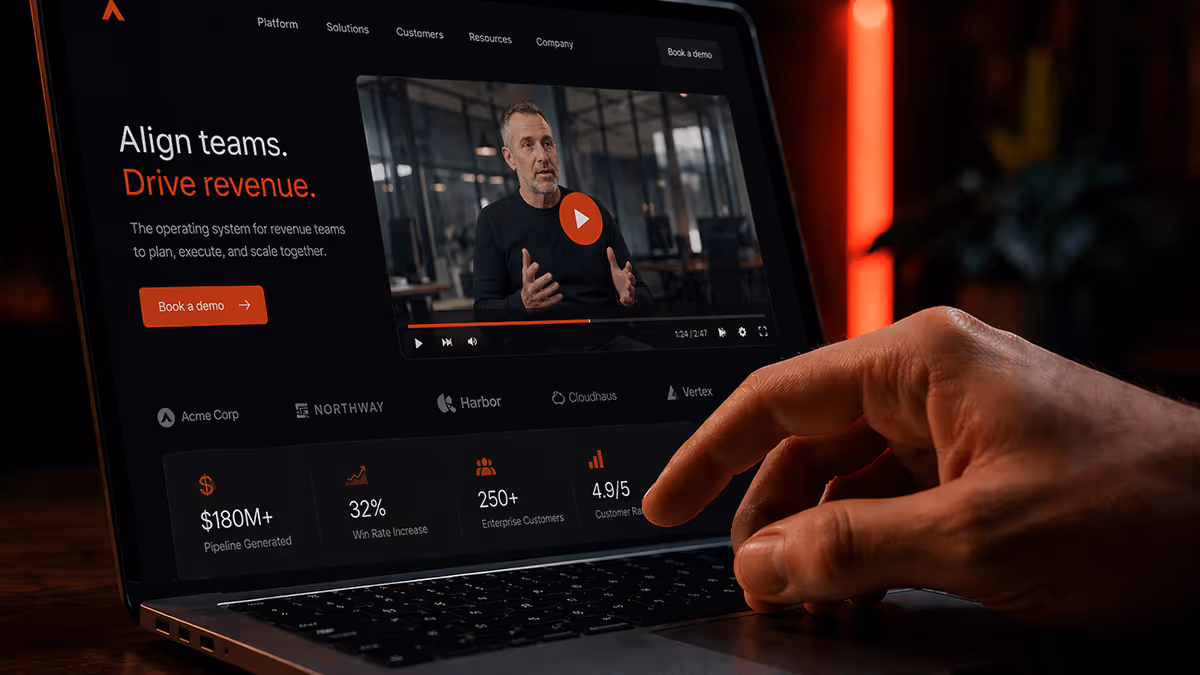 Hand interacting with a laptop displaying a revenue team platform webpage featuring a video of a man speaking, a 'Book a demo' button, and key metrics including $180M+ pipeline generated and 32% win rate increase.
