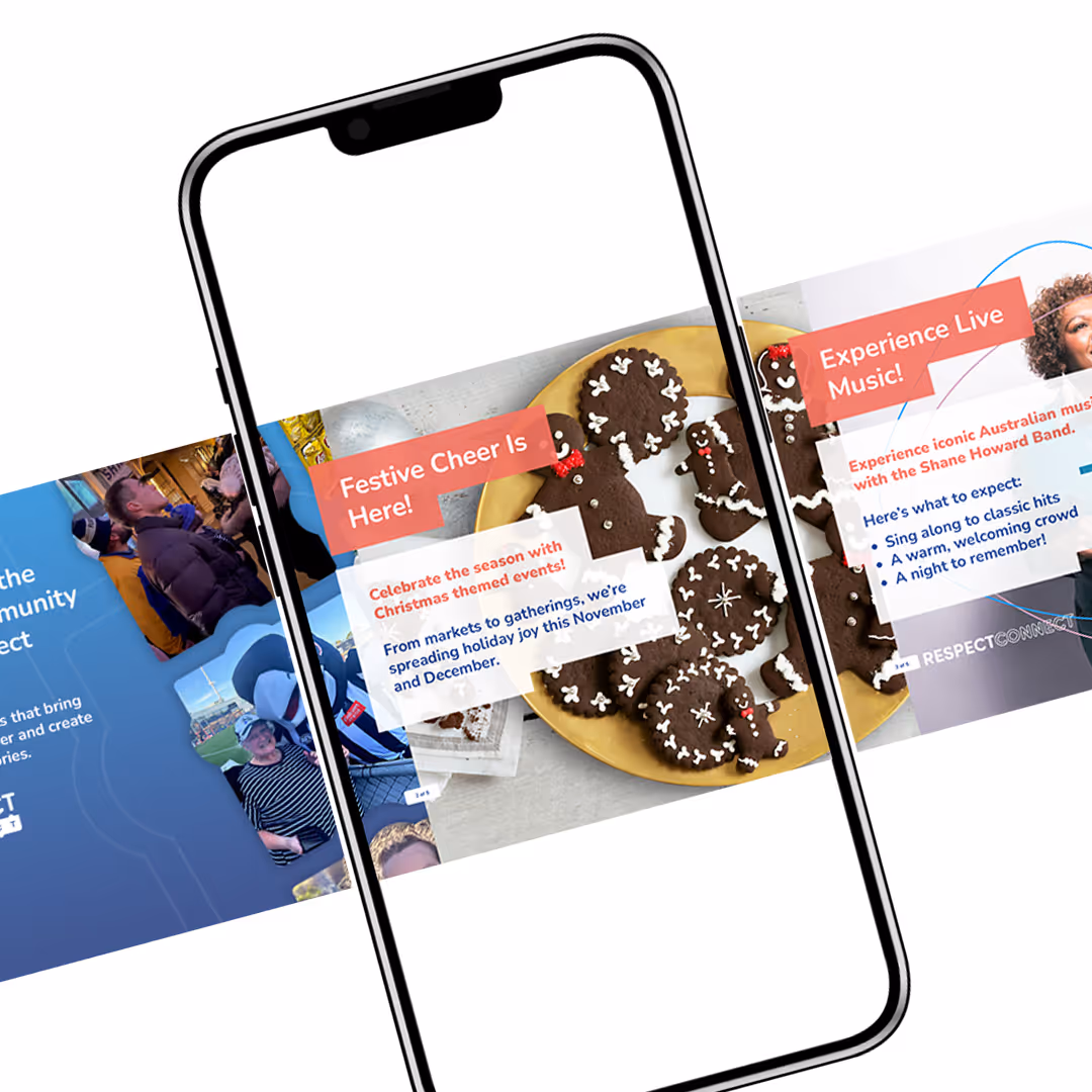 Smartphone screen showing festive event promotions with gingerbread cookies, live music, and community gatherings for holiday season.