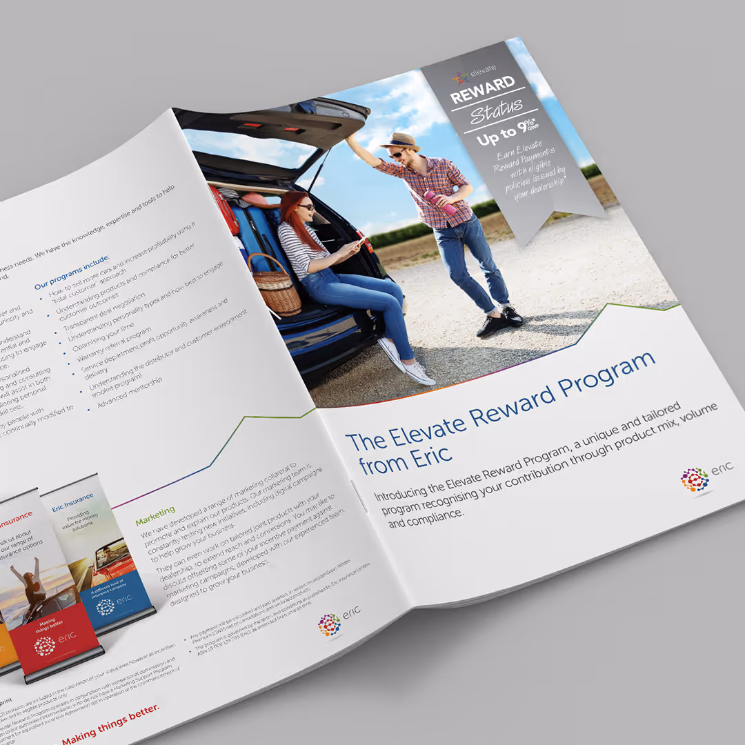Open brochure featuring a man and woman at the back of a car with text about the Elevate Reward Program from Eric and program details.
