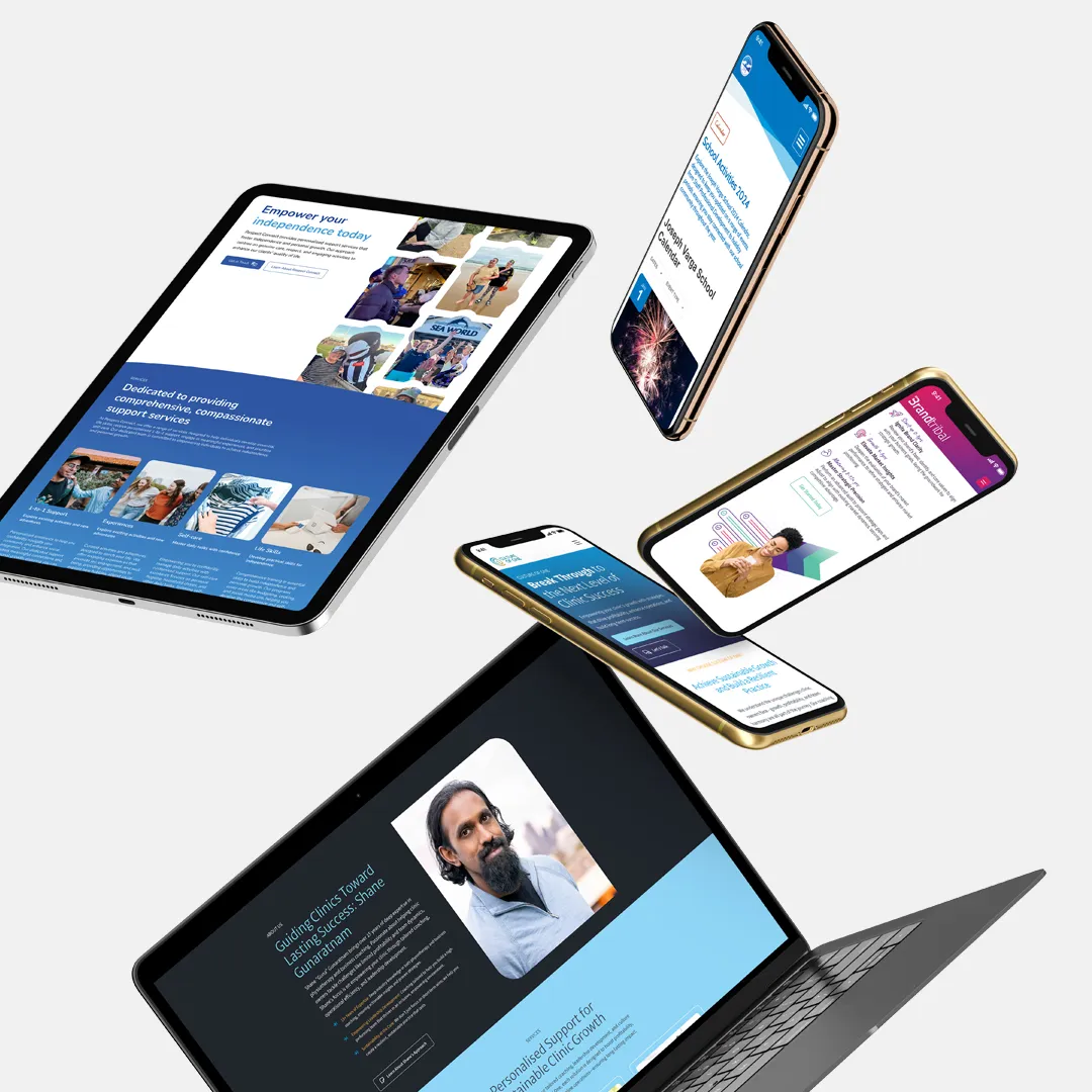 Tablet and smartphones displaying various professional websites and apps on white background.