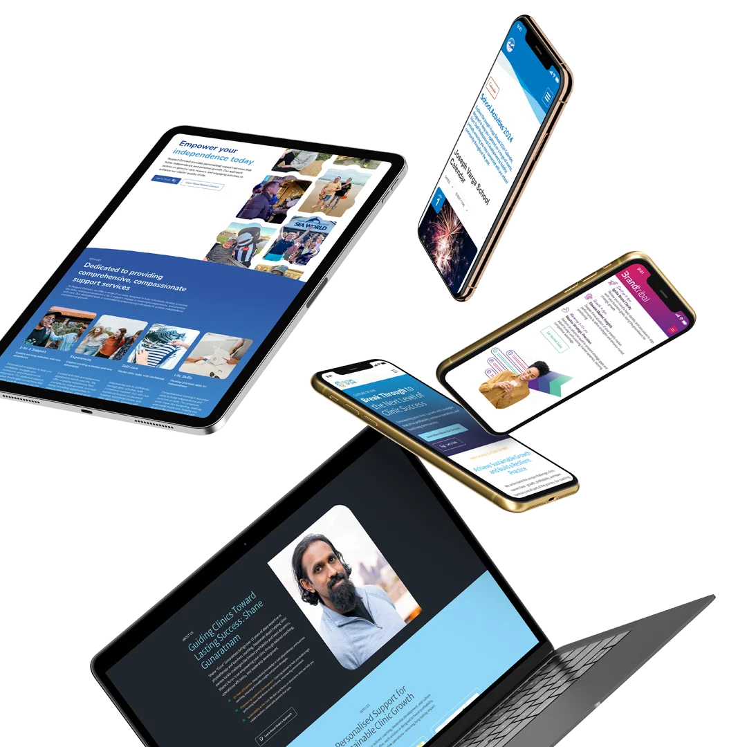 Various digital devices including a tablet, laptops, and smartphones floating with different website screens displayed, highlighting responsive web design.