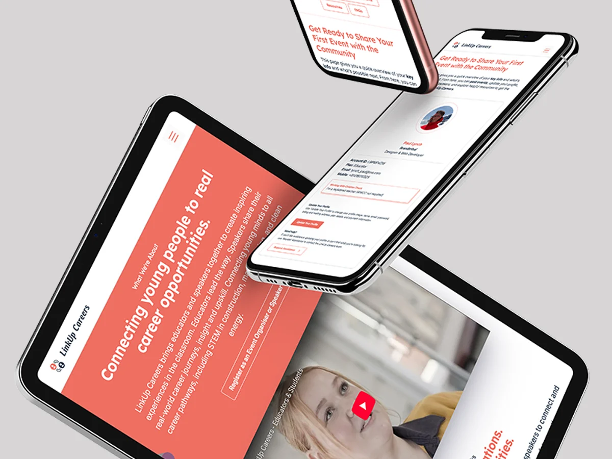 Multiple devices displaying LinkUp Careers website with a focus on connecting young people to real career opportunities.