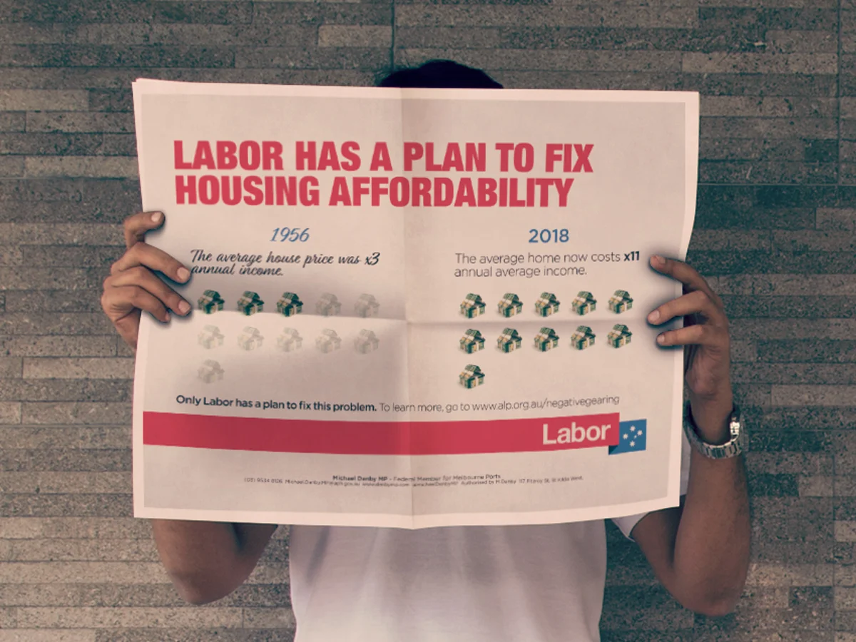 Person holding a newspaper with headline 'Labor has a plan to fix housing affordability' comparing house price ratios in 1956 and 2018.