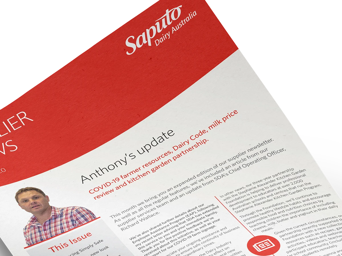 Showcase: An image of a 8 page newsletter for Saputo, featring the cover.