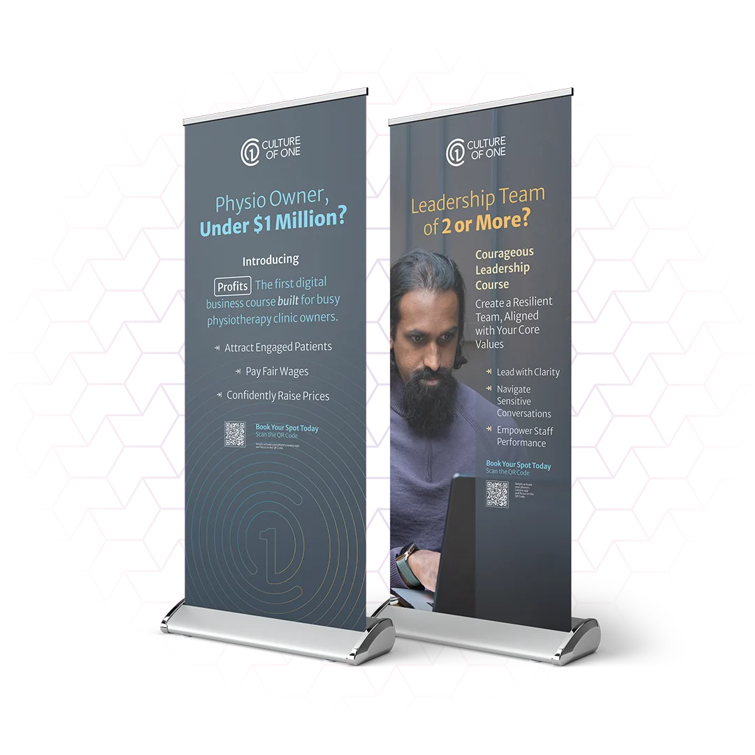 Two roll-up banners for Culture of One featuring digital courses for physiotherapy clinic owners and leadership teams, with course benefits and QR codes.