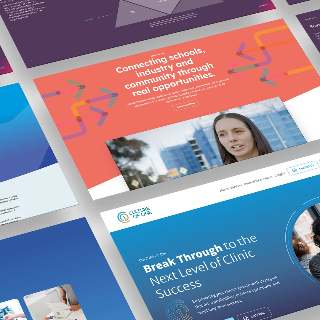 Open brand strategy and identity report pages featuring diagrams, a hero's journey flowchart, and core brand identity elements on white and purple backgrounds.