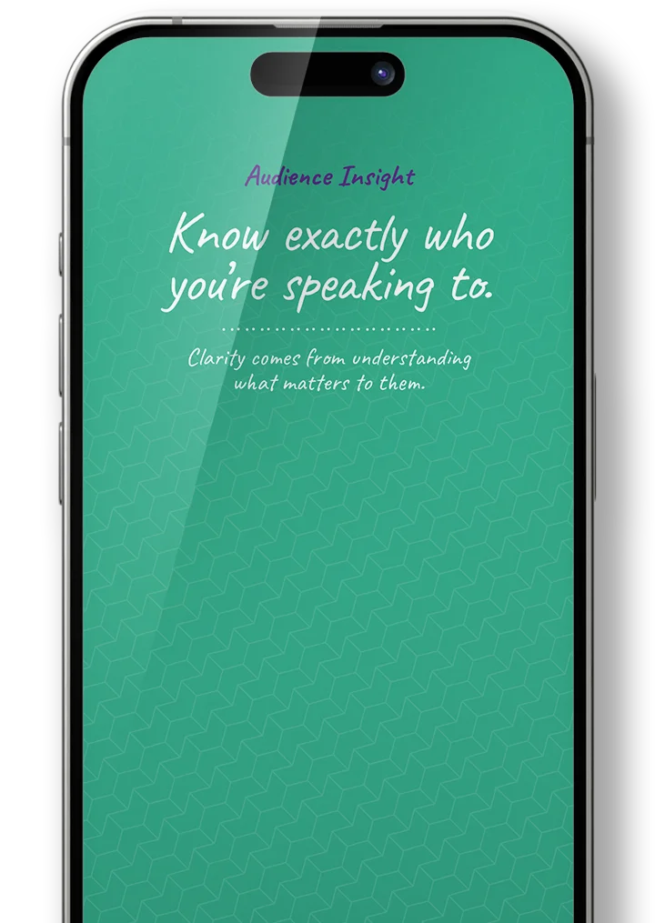 Smartphone screen displaying text 'Audience Insight Know exactly who you're speaking to. Clarity comes from understanding what matters to them.' on a green patterned background.