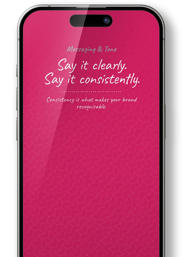 Smartphone screen with pink background and text saying: Messaging & Tone, Say it clearly. Say it consistently. Consistency is what makes your brand recognisable.