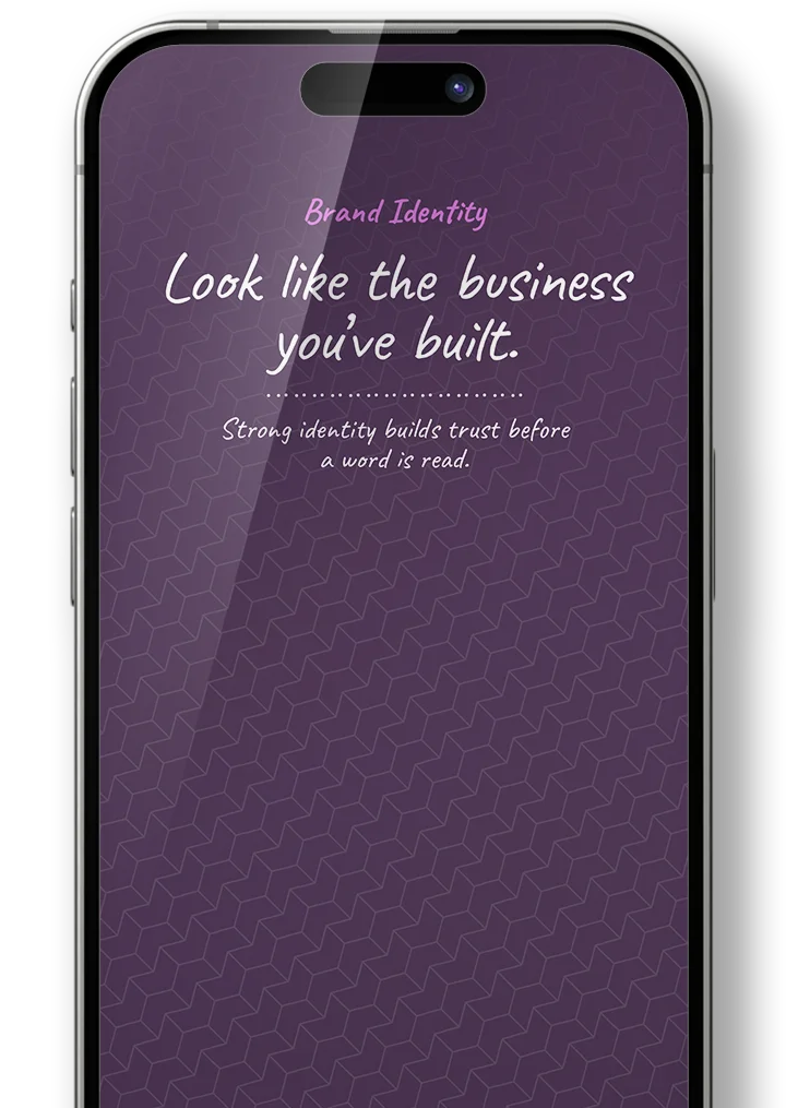 Smartphone screen with purple geometric background displaying text: 'Brand Identity. Look like the business you've built. Strong identity builds trust before a word is read.'