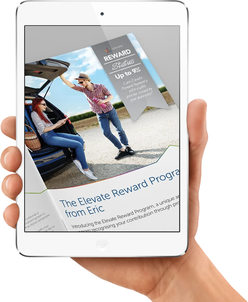 Hand holding tablet with an image of a man and woman near a car and text about Elevate Reward Program.