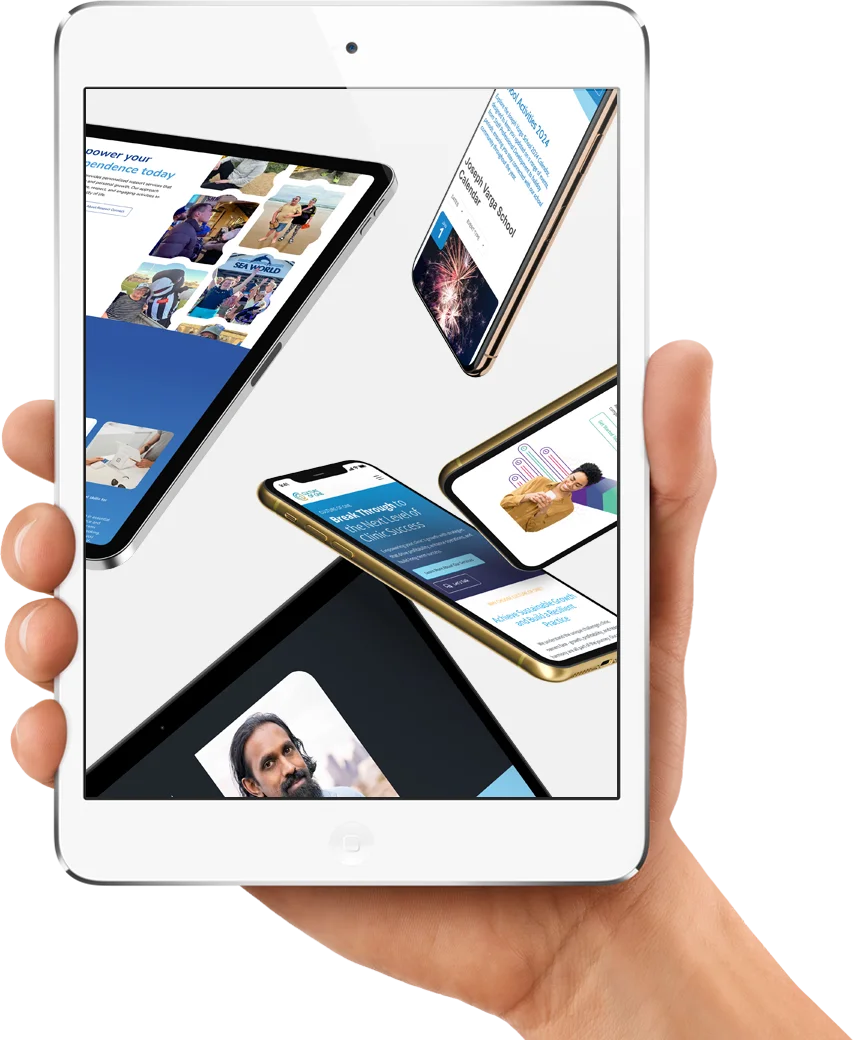 Hand holding a tablet displaying floating images of tablet and smartphone screens with varied content.