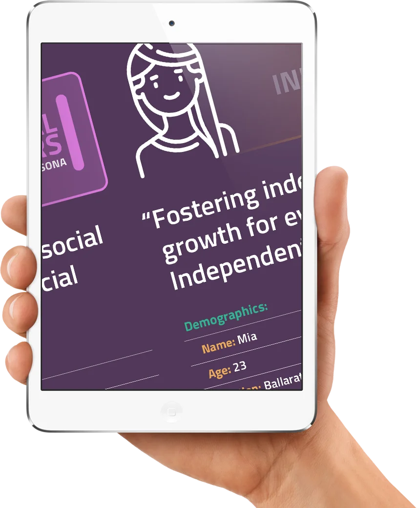 Hand holding a tablet showing a purple screen with text and an illustration of a smiling woman.