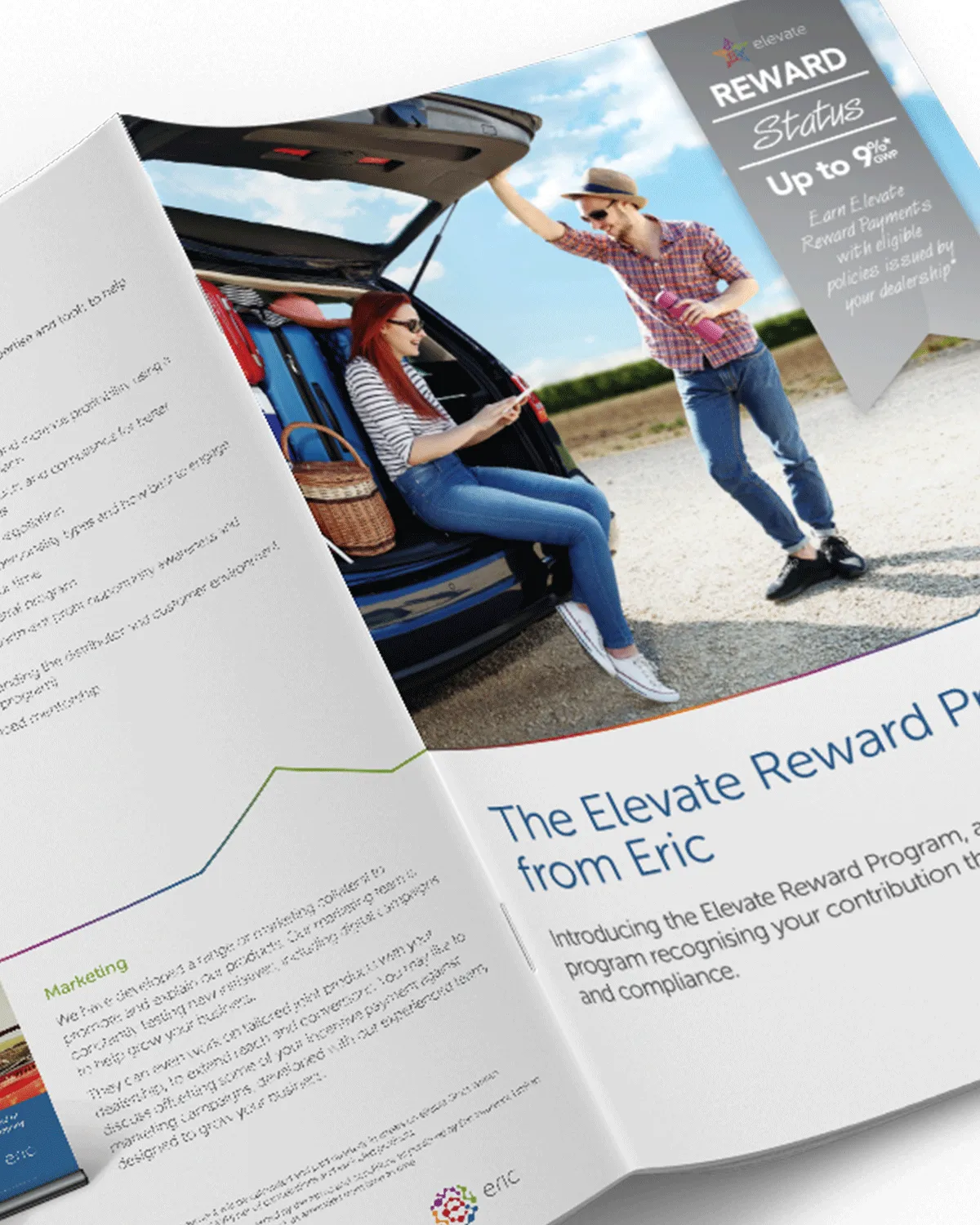 Eric Insurance - brochure showing a couple near a car trunk filled with luggage and info about the Elevate Reward Program.