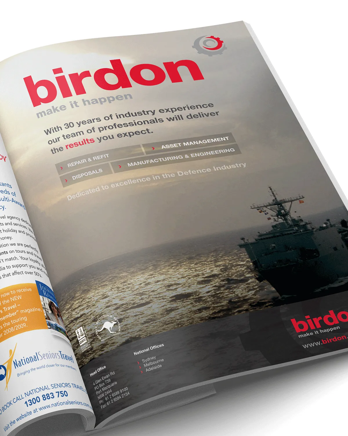 Magazine ad for Birdon showing a naval ship on water at sunset with text about defence industry services.